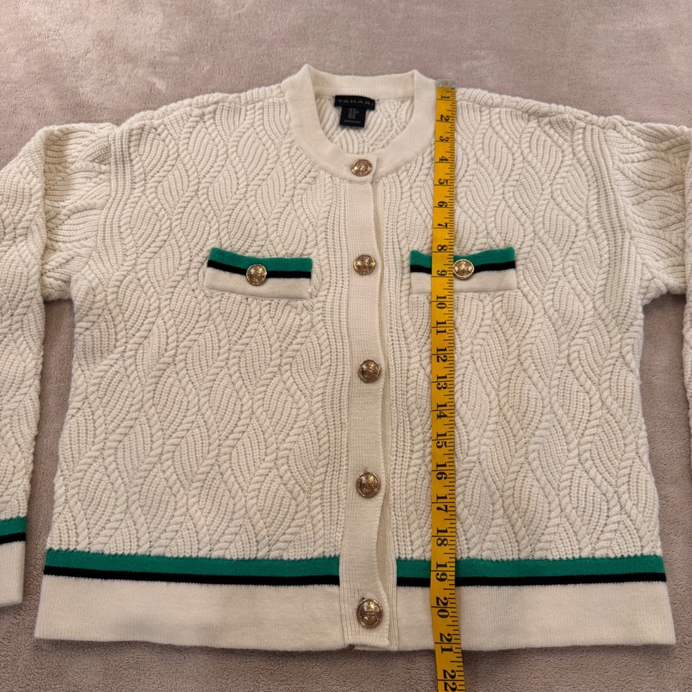 Tahari Cable Knit Cardigan Gold Button Preppy Old Money Quiet Luxury Cream Sz M - Picture 7 of 11
